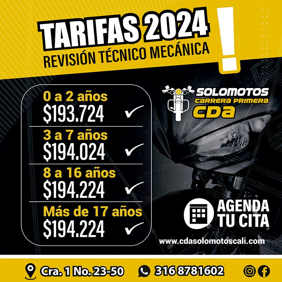 tarifas revisión técnico mecánica motos en cali